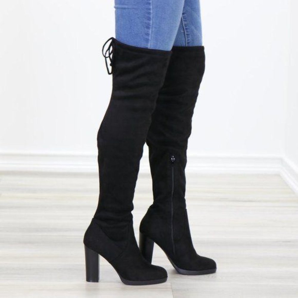 Tie Back Over Knee Heeled Sleek Boots Suede Black - Picture 4 of 15